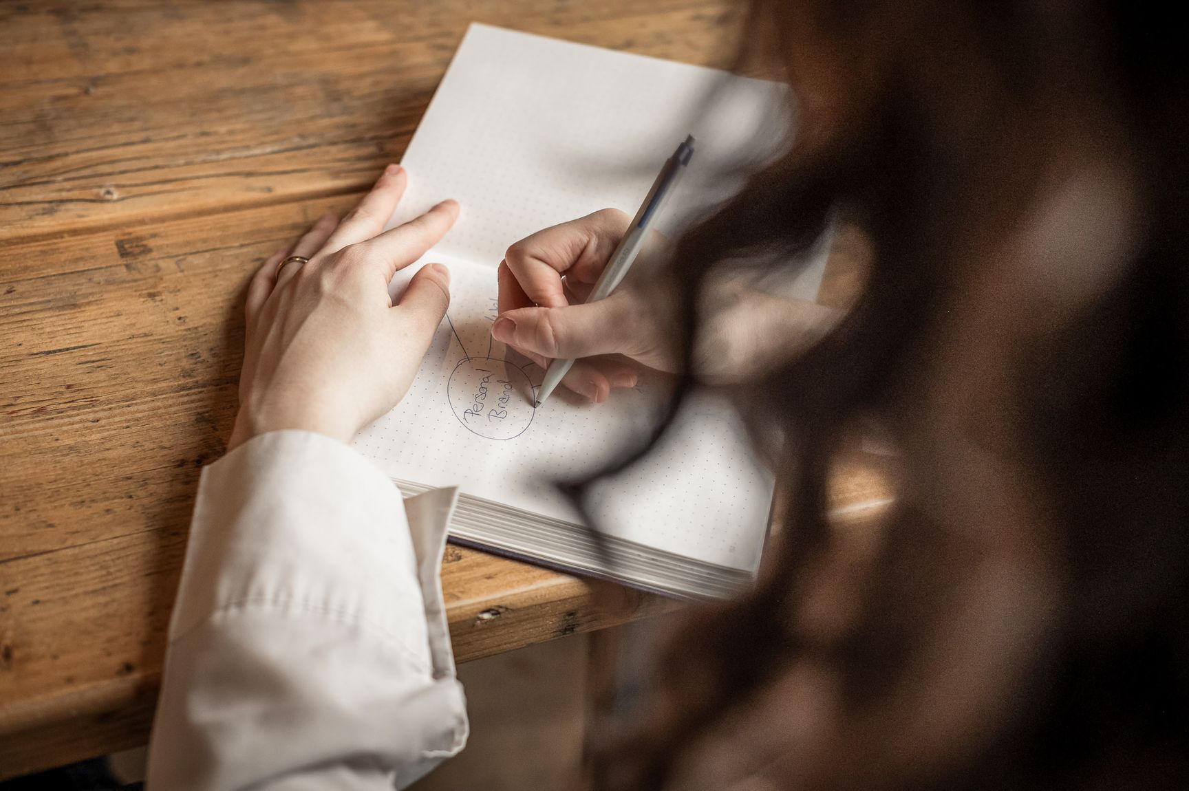 Eine Frau schreibt an einem Holztisch in ein Notizbuch und zeichnet ein Diagramm um das Wort «Personal Brand»